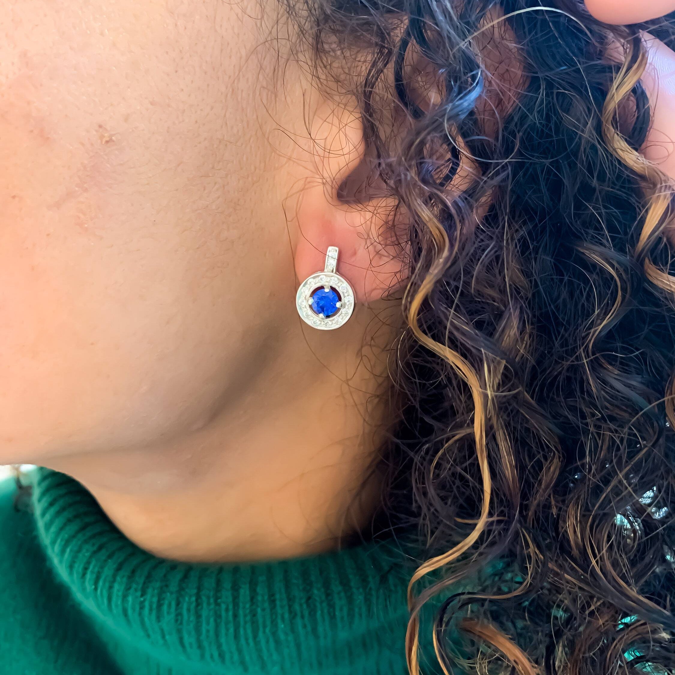 Sapphire Earrings in 925 Sterling Silver, Round Blue Sapphire Halo, September Birthstone, ideal for gifts and daily wear.