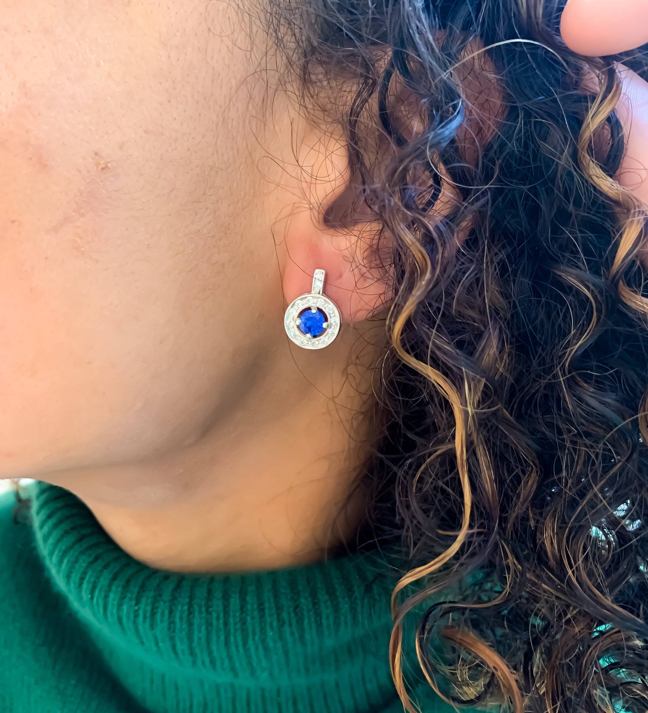 Sapphire Earrings in 925 Sterling Silver, Round Blue Sapphire Halo, September Birthstone, ideal for gifts and daily wear.