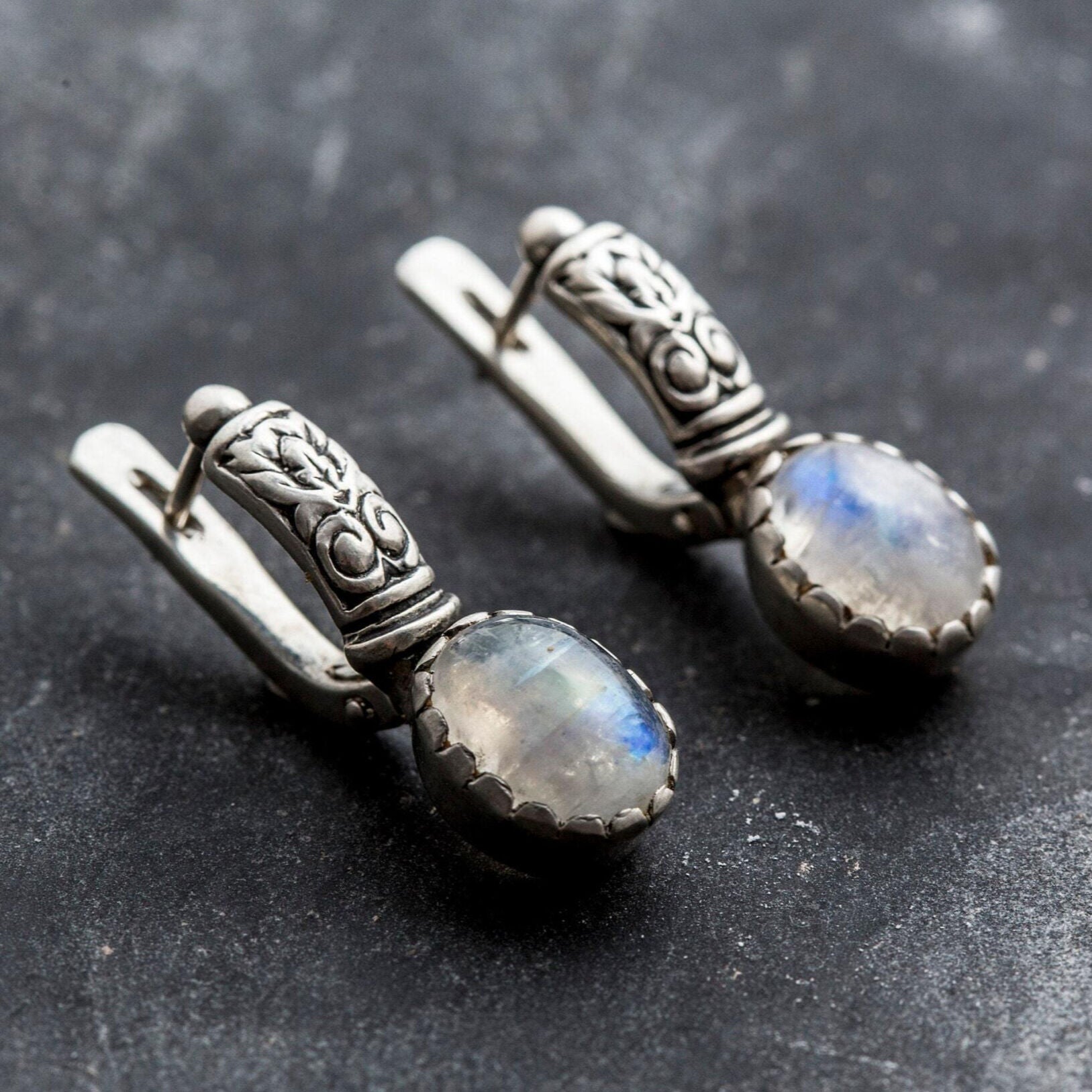 Moonstone Earrings, Rainbow Moonstone, Moonstone Rainbow, June Birthstone, June Earrings, Tribal Earrings, Solid Silver, Pure Silver