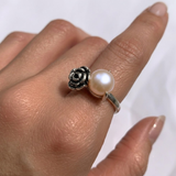 Statement Pearl Ring - Silver Rose Ring - Natural Pearl Ring