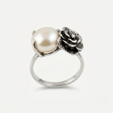 Statement Pearl Ring - Silver Rose Ring - Natural Pearl Ring