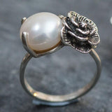 Statement Pearl Ring - Silver Rose Ring - Natural Pearl Ring