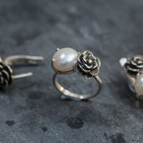 Statement Pearl Ring - Silver Rose Ring - Natural Pearl Ring