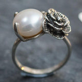 Statement Pearl Ring - Silver Rose Ring - Natural Pearl Ring