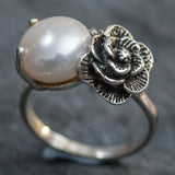 Statement Pearl Ring - Silver Rose Ring - Natural Pearl Ring