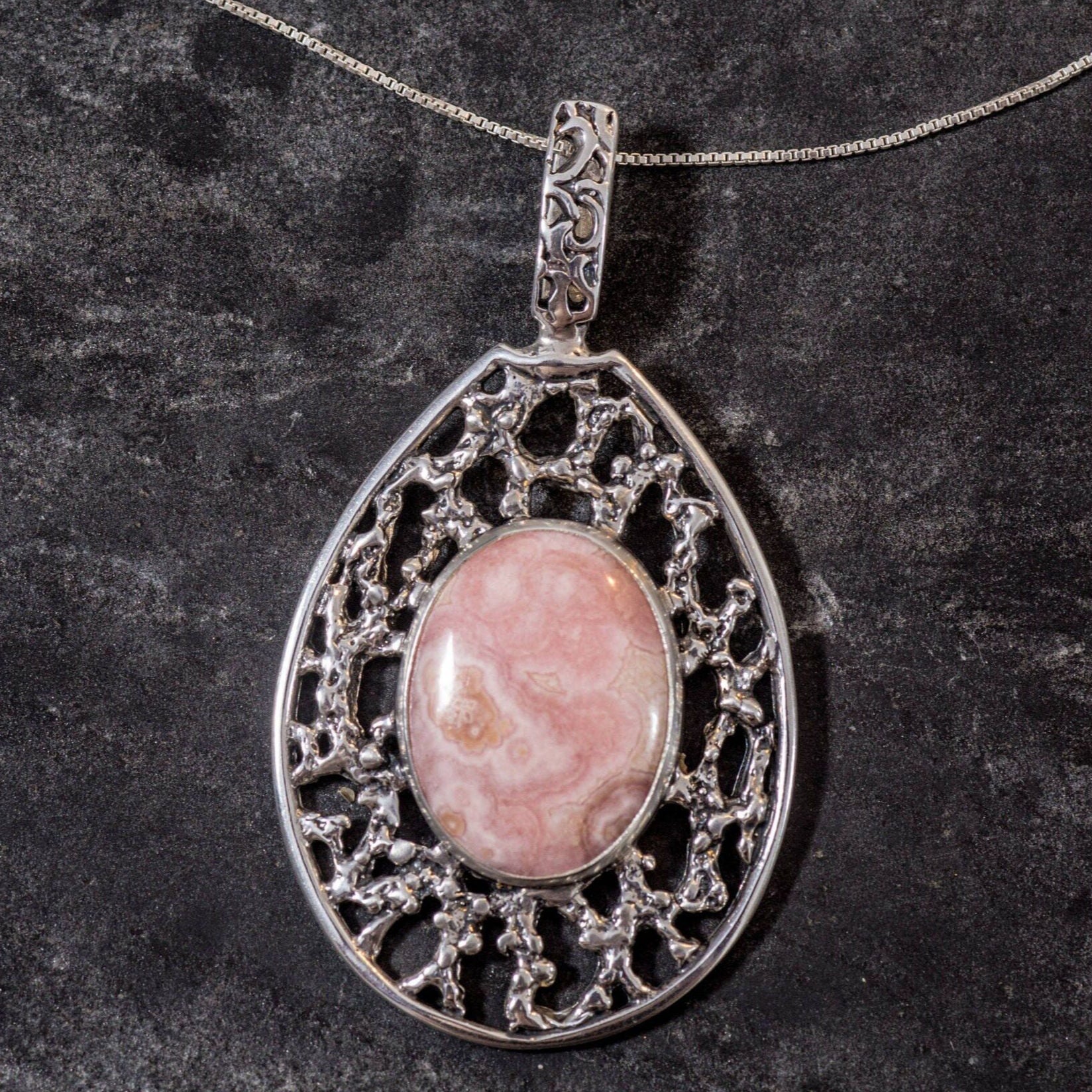 Rhodochrosite Pendant, Natural Stone, Vintage Pendant, Statement Pendant, Large Stone, Pink Pendant, Large Stone Pendant, Rhodochrosite