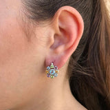 Colorful Flower Earrings - Blue Topaz Earrings - Multistone Vintage Studs