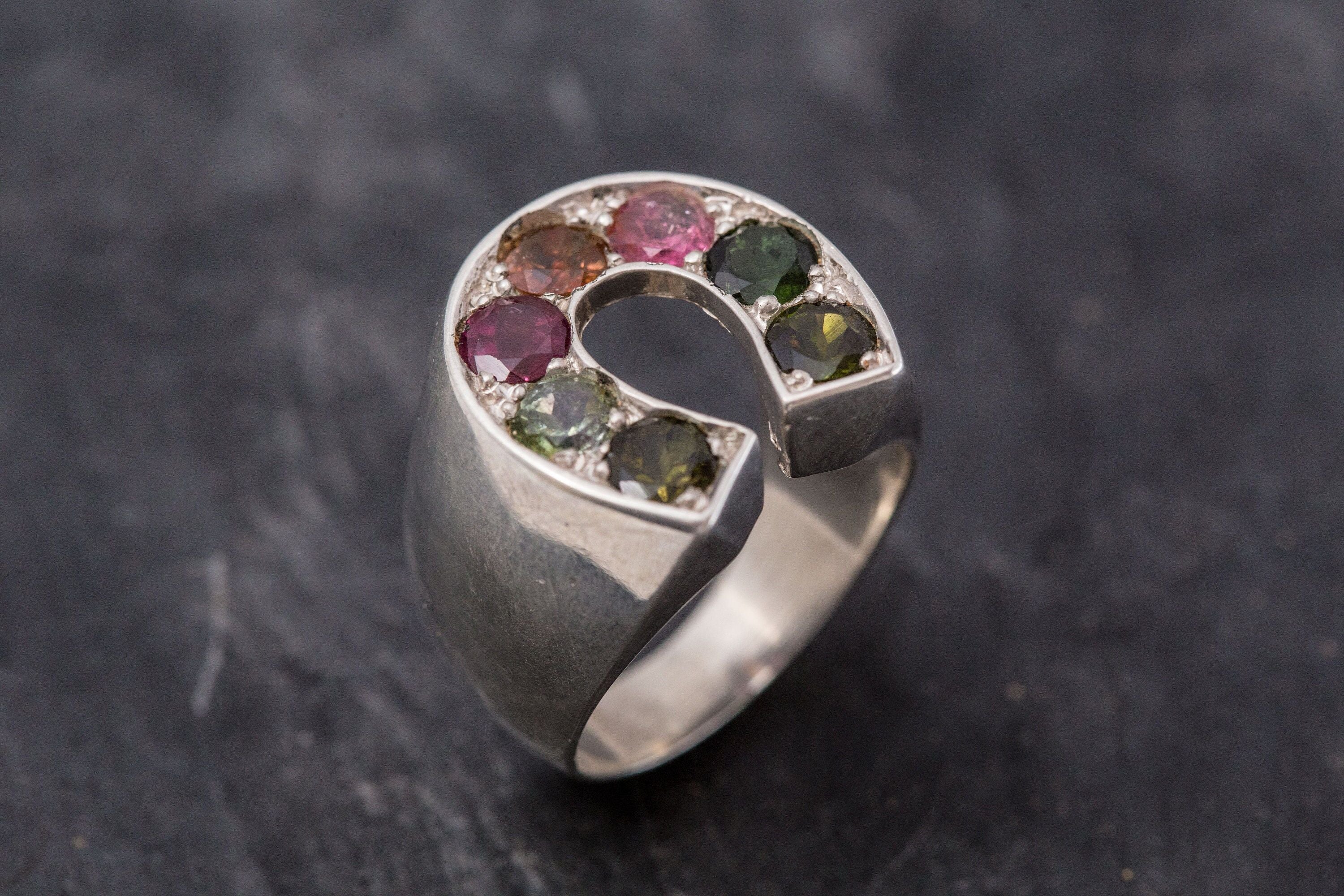 Multistone Ring, Tourmaline Ring, Pink Tourmaline, Green Tourmaline, Yellow Tourmaline, Horseshoe Ring, Solid Silver Ring, Tourmaline