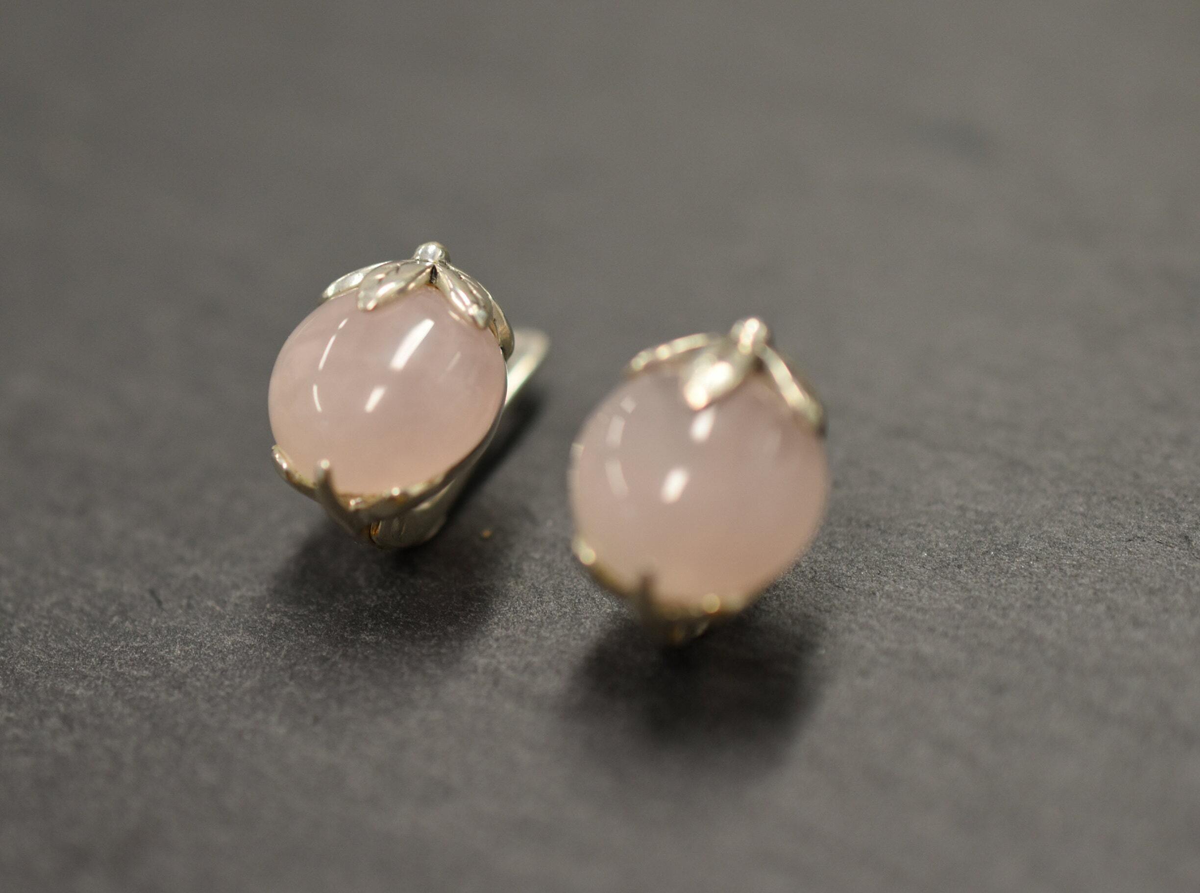 Rose Quartz Earrings, Natural Rose Quartz, Leaf Earrings, January Birthstone, Stud Earrings, Pink Studs, Vintage Earrings, Silver Earrings