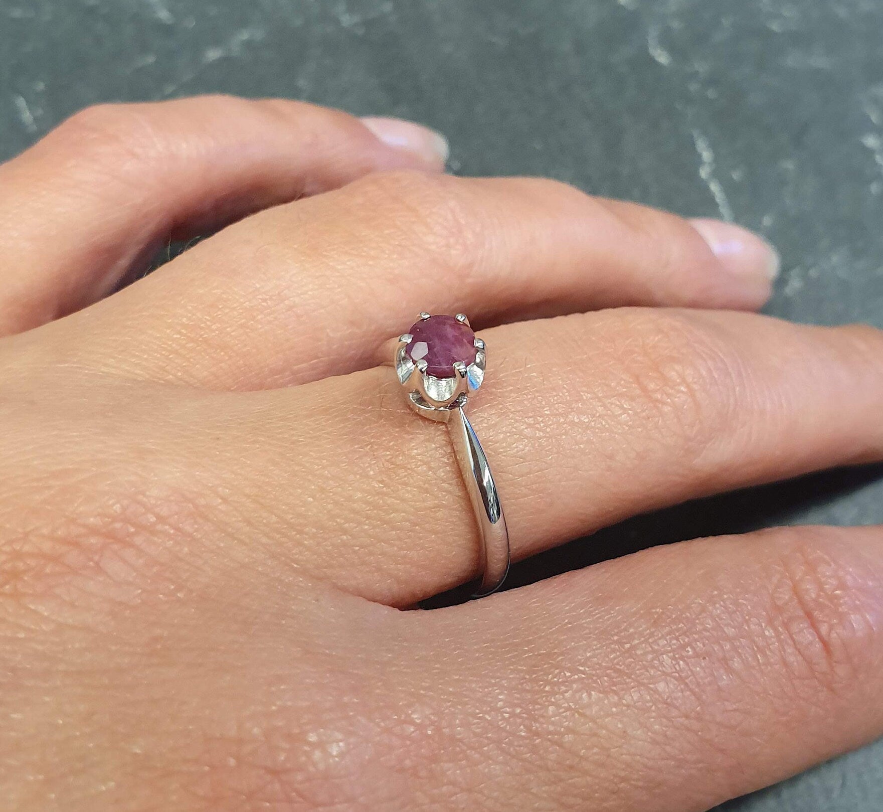 Natural Ruby Ring in White Gold Vermeil, featuring a round red ruby, perfect for everyday wear and July birthday gifts.
