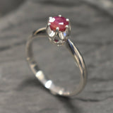 Natural Ruby Ring made in White Gold Vermeil with Round Natural Red Ruby in Solitaire setting, July Birthstone gift idea, symbolizes nobility, purity, and passion, ideal for everyday wear and perfect for birthday gifting and special occasions.