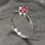 Natural Ruby Ring made in White Gold Vermeil with Round Natural Red Ruby in Solitaire setting, July Birthstone gift idea, symbolizes nobility, purity, and passion, ideal for everyday wear and perfect for birthday gifting and special occasions.