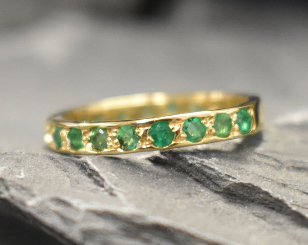 Gold Emerald Band, Emerald Ring, Natural Emerald, May Birthstone, Full Eternity Ring, Vinatage Ring, Gold Eternity Ring, Solid Silver Ring