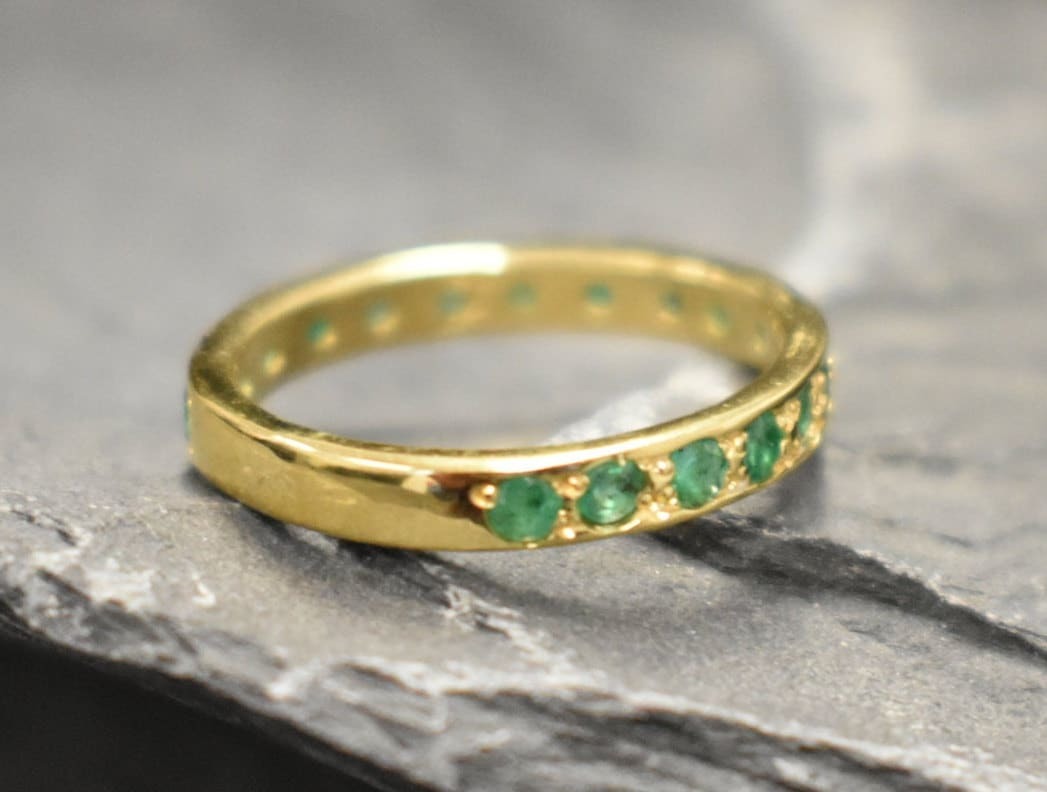 Gold Emerald Band, Emerald Ring, Natural Emerald, May Birthstone, Full Eternity Ring, Vinatage Ring, Gold Eternity Ring, Solid Silver Ring