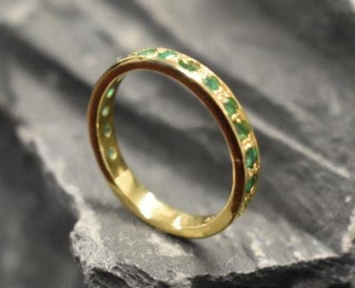 Gold Emerald Band, Emerald Ring, Natural Emerald, May Birthstone, Full Eternity Ring, Vinatage Ring, Gold Eternity Ring, Solid Silver Ring