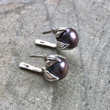 Black Pearl Earrings - Pearl Leaf Earrings - Round Statement Earrings