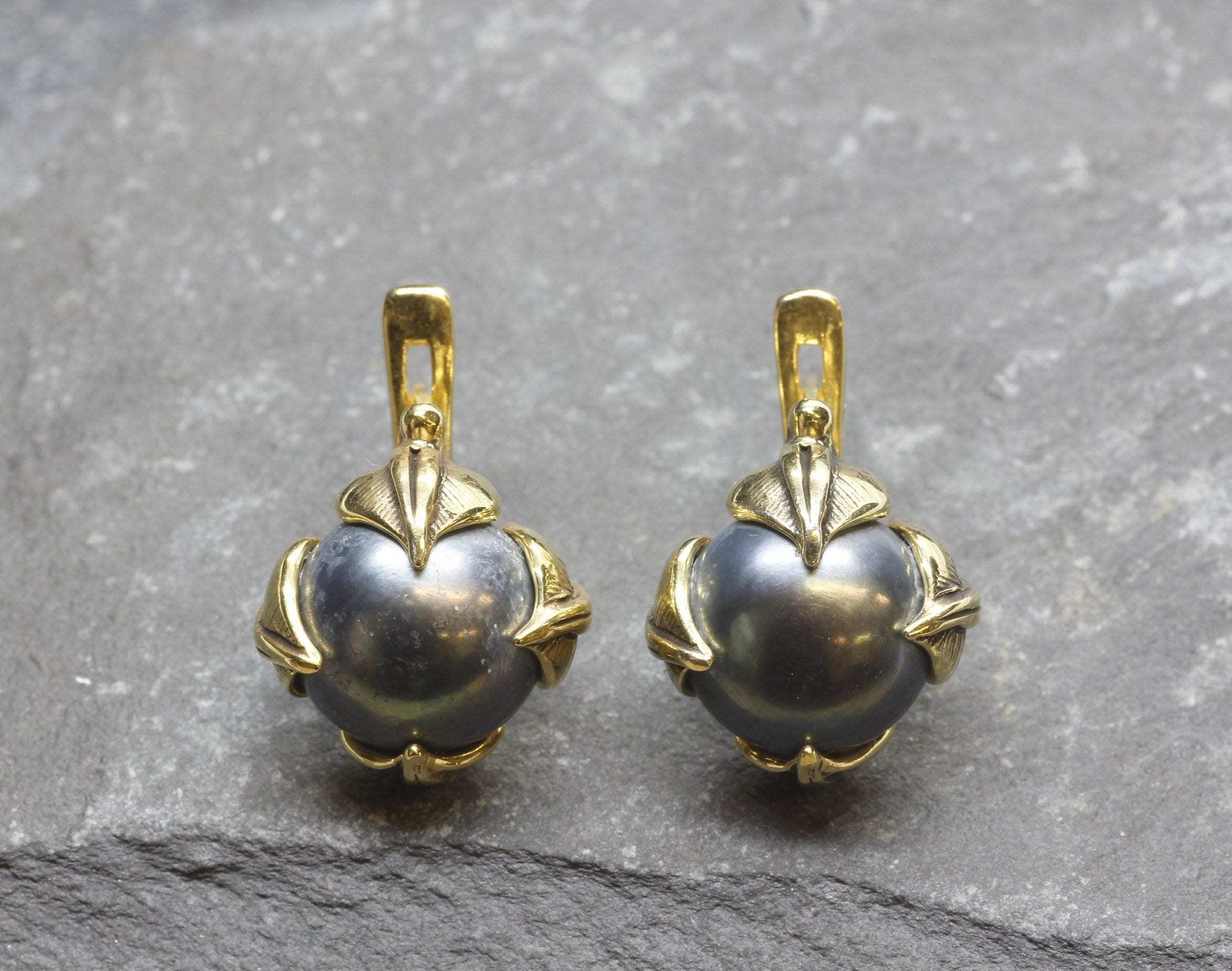 Leaf Earrings, Black Pearl Earrings, Natural Pearl, Natural Pearl Earrings, Flower Pearl Earrings, June Birthstone, Solid Silver, Pearls(1)