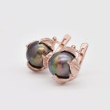 Rose Gold Pearl Earrings - Real Pearl Leaf Earrings - Vintage Black Pearl Studs