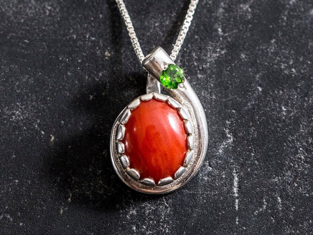 Red Coral Necklace, Natural Red Coral, Coral Pendant, Drop Necklace, Layering Necklace, Red Stone Necklace, Solid Silver, Chrome Diopside