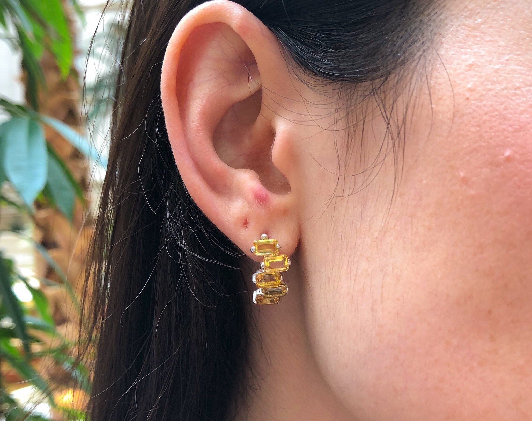 Citrine Earrings, Natural Citrine Earrings, Half Hoops Earrings, November Earrings, Sun Studs, Yellow Earrings, Solid Silver Earrings