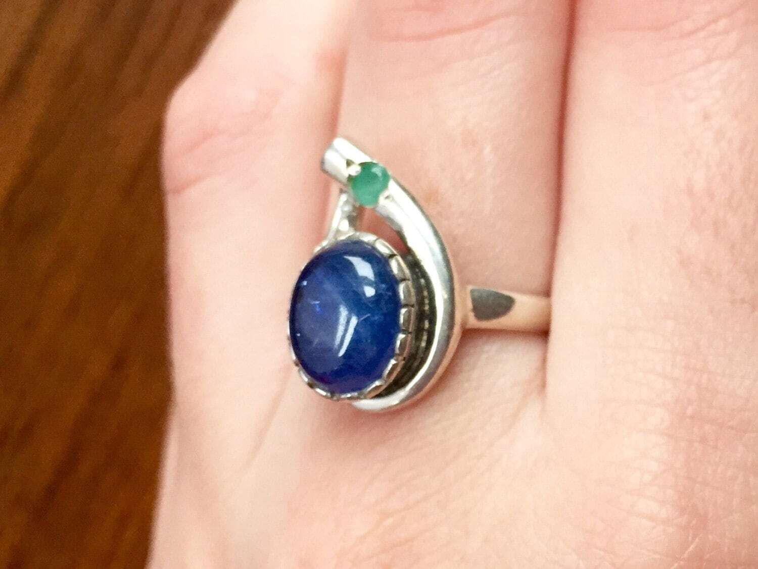 Kyanite Ring, Emerald Ring, Blue Kyanite, Antique Ring, Natural Emerald Ring, Birthstone Ring, Blue Stone Ring, Teardrop Ring, 925 Silver