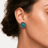 Sterling Silver Emerald Halo Earrings, crafted with oval green created emeralds; perfect for birthdays and special occasions.