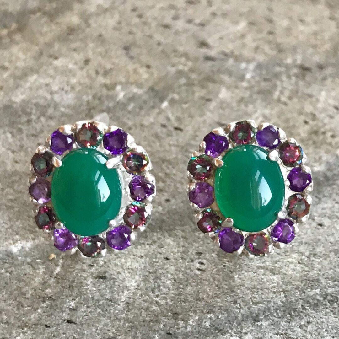Created Emerald Earrings made in 925 Sterling Silver with Oval Created Green Emerald in Halo setting, May Birthstone gift idea, symbolizes, ideal for everyday wear and perfect for birthday gifting and special occasions.