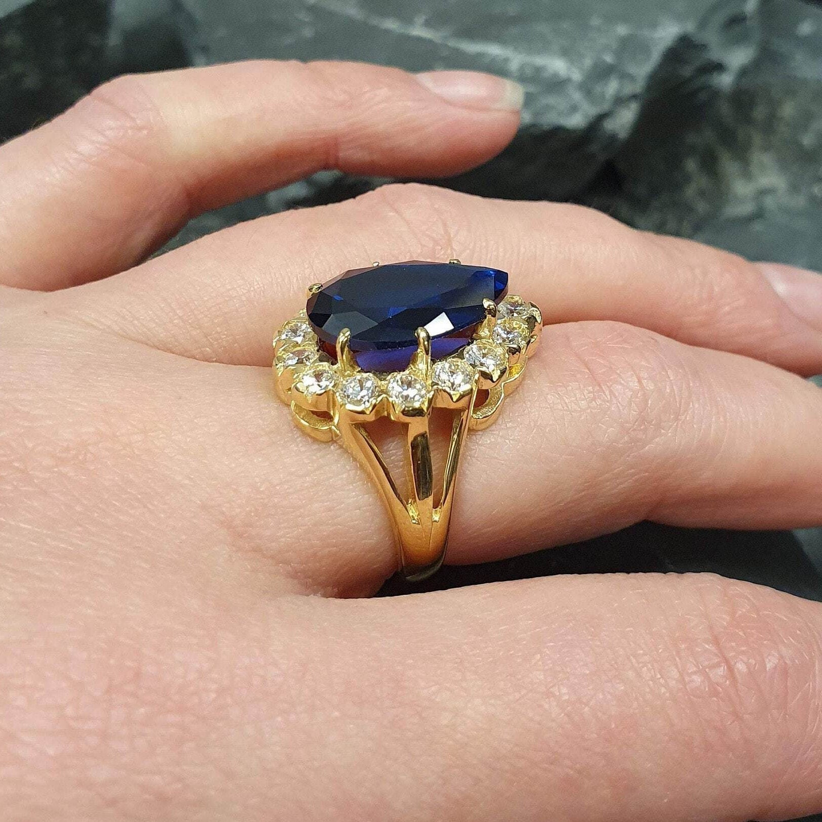 Sapphire Ring in 18k Gold Vermeil with Pear Blue Sapphire, perfect for birthdays and symbolizes loyalty and sincerity.