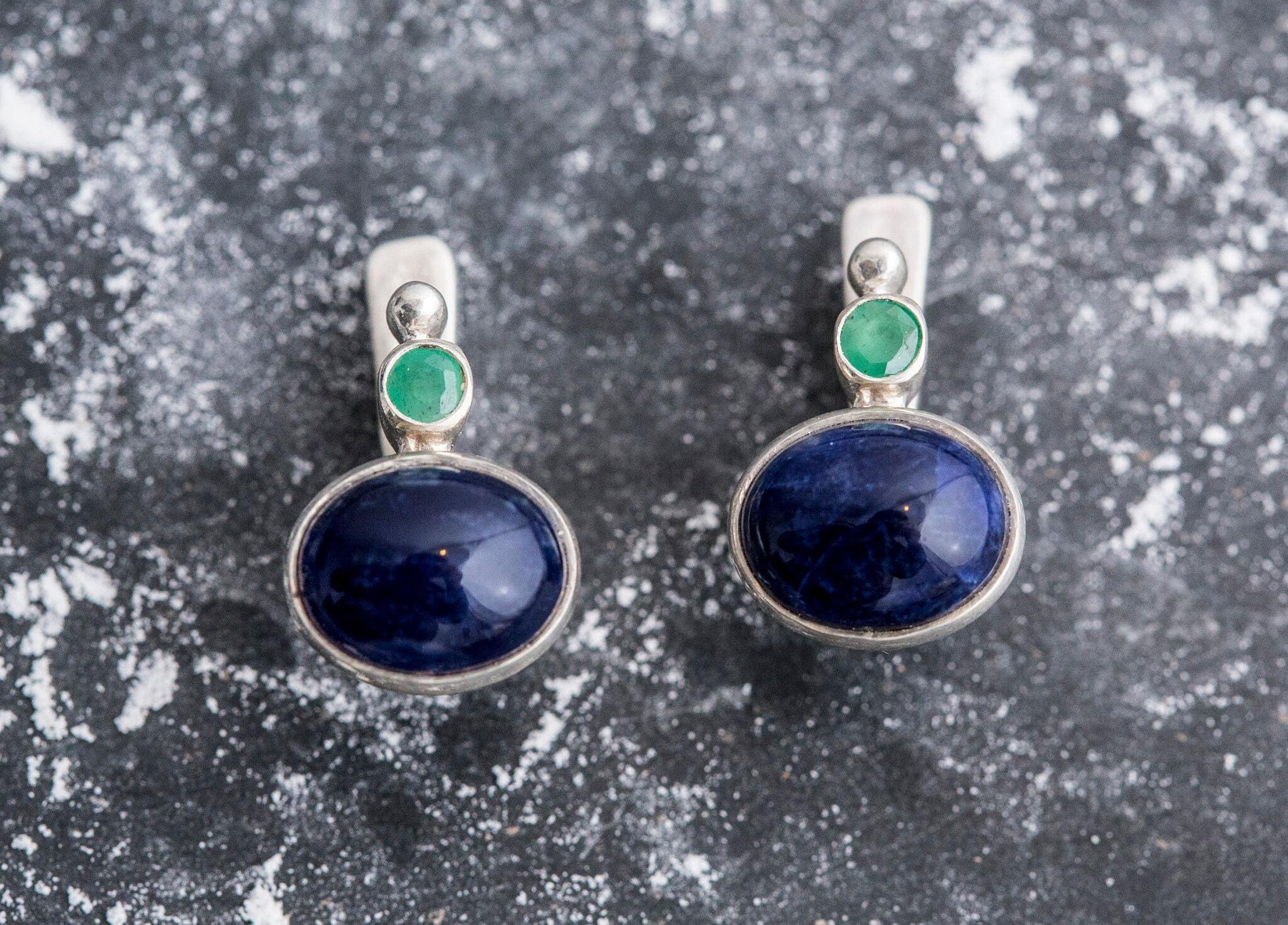 Sodalite Earrings, Natural Sodalite, Emerald, Natural Emerald, Blue Earrings, Green Earrings, Vintage Earrings, Silver Earrings, Sodalite