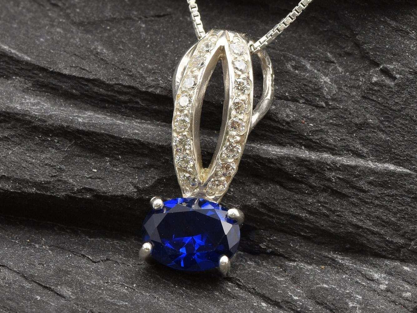 Sterling Silver Sapphire Pendant with Oval Created Blue Sapphire, September Birthstone, perfect gift for special occasions.
