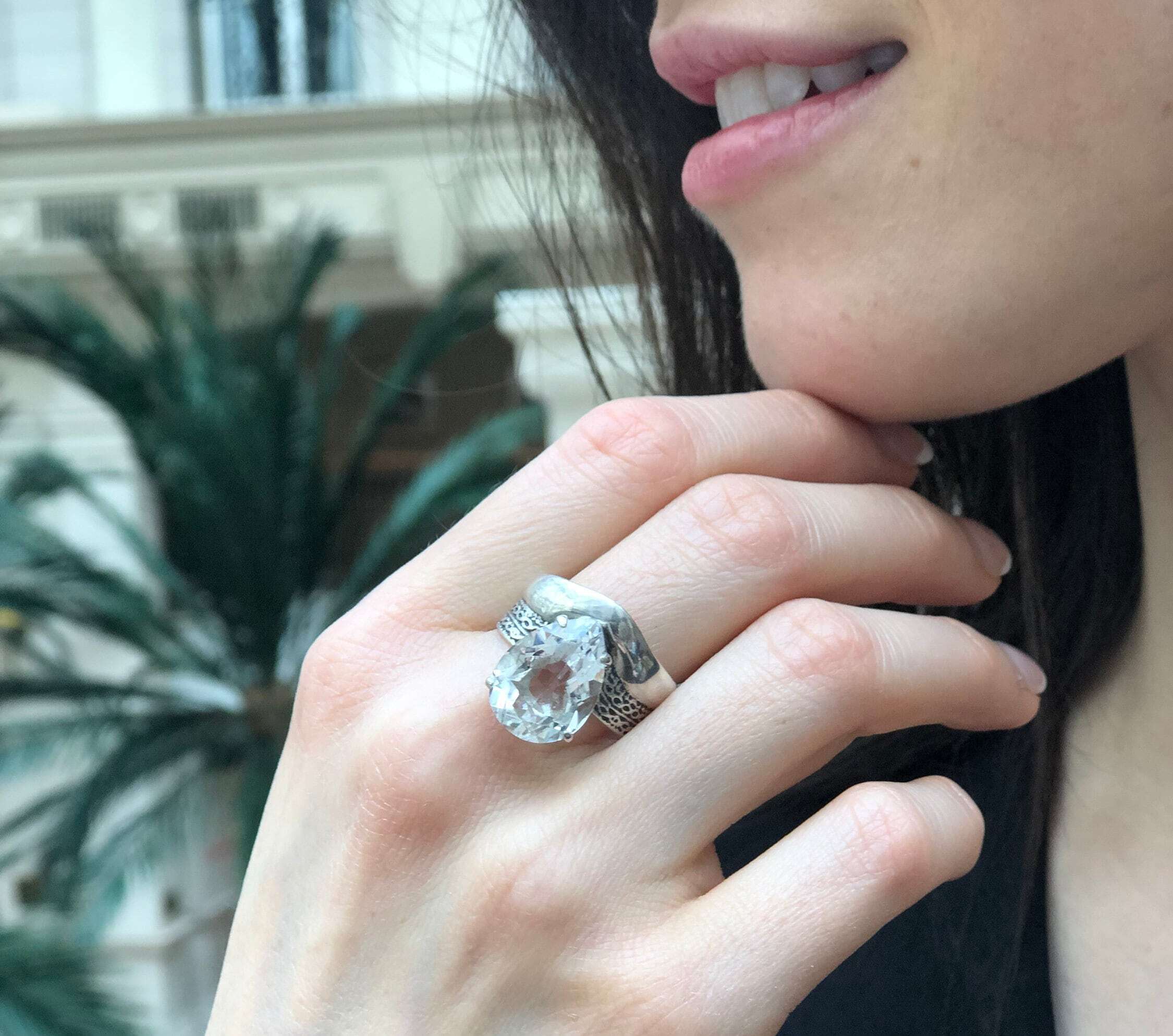 Large Teardrop Ring, White Topaz Ring, Statement Ring, December Birthstone, Vintage Ring, Large Ring, Wide Silver Band, Solid Silver Ring