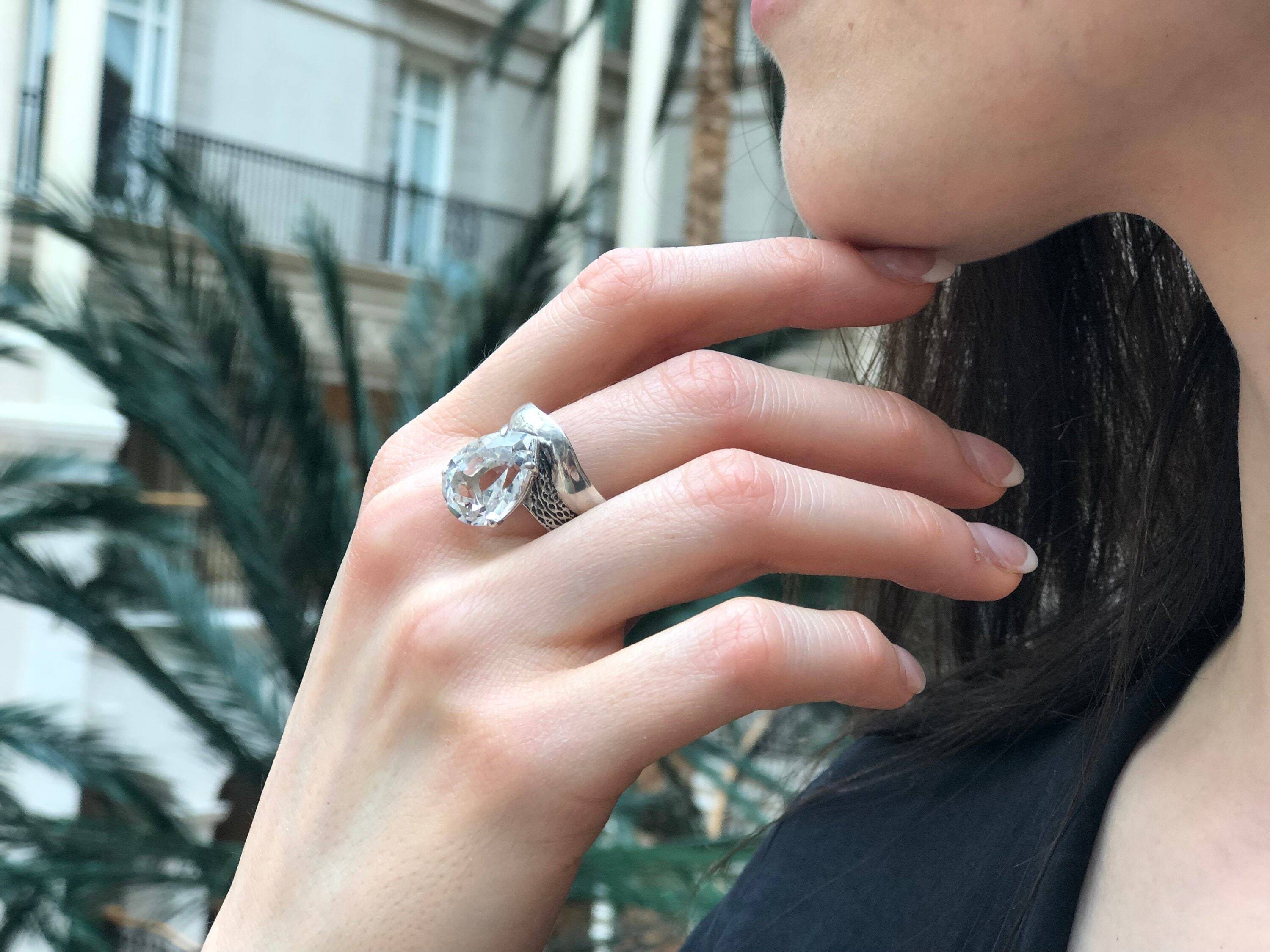 Large Teardrop Ring, White Topaz Ring, Statement Ring, December Birthstone, Vintage Ring, Large Ring, Wide Silver Band, Solid Silver Ring