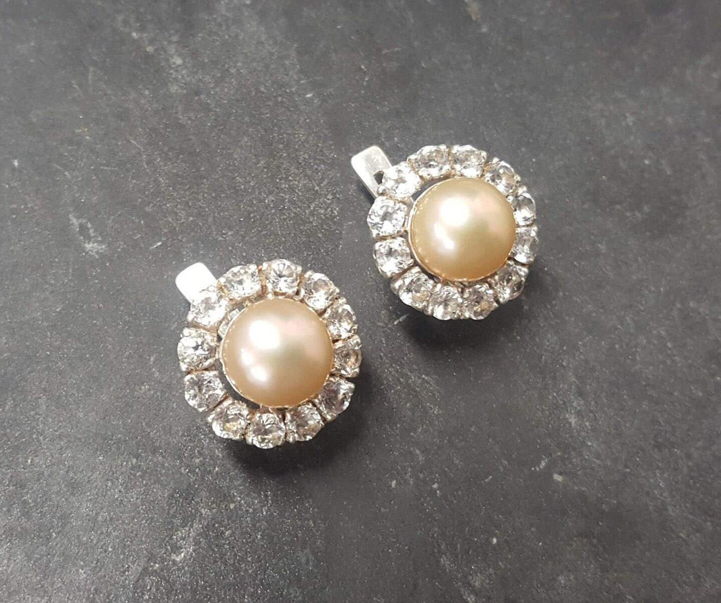 Pearl Earrings, Beige Pearl Earrings, Natural Pearl, June Birthstone, Victorian Earrings, Vintage Earrings, Round Earrings, Silver Earrings