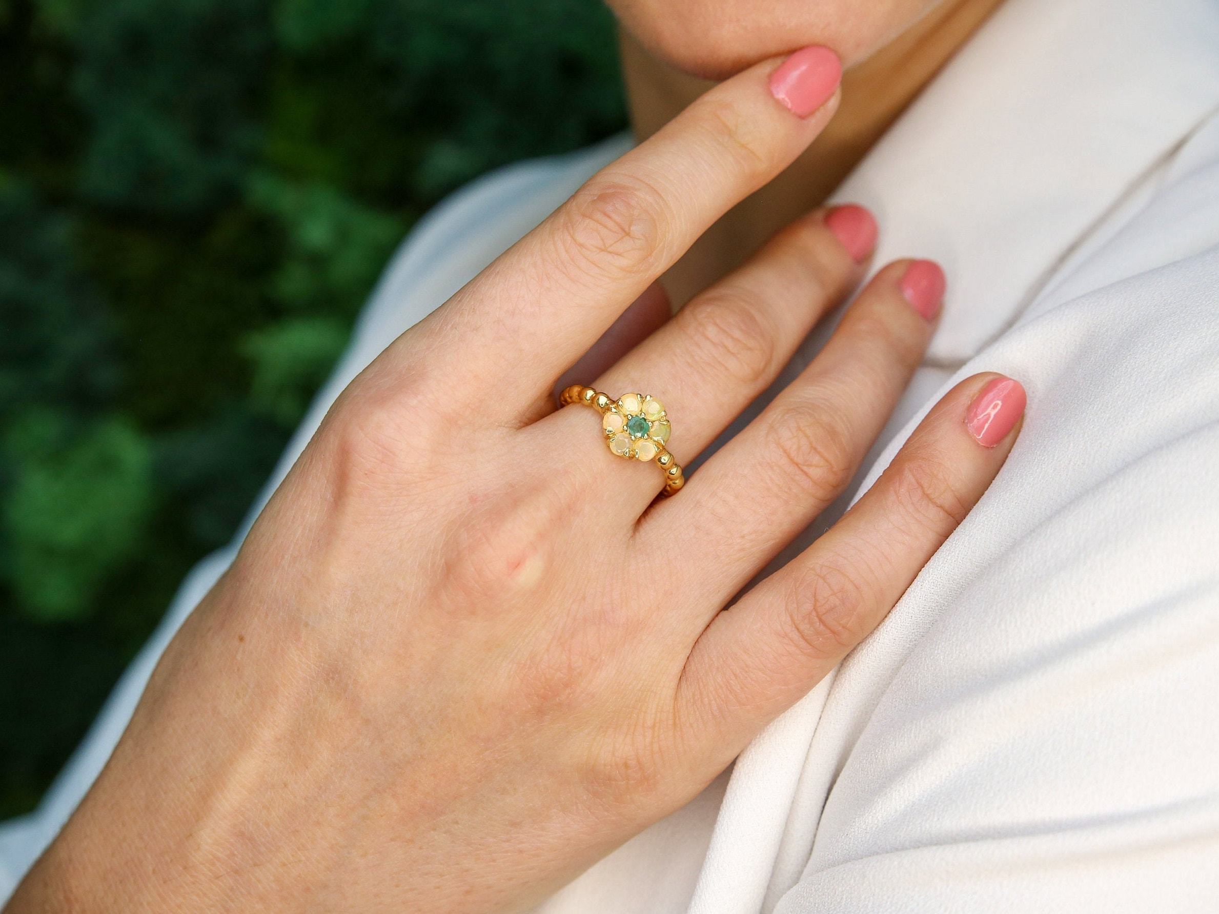 Opal Flower Ring, Natural Opal, Vintage Flower Ring, Natural Emerald, October Birthstone, May Birthstone, Floral Ring, Solid Silver Ring(1)