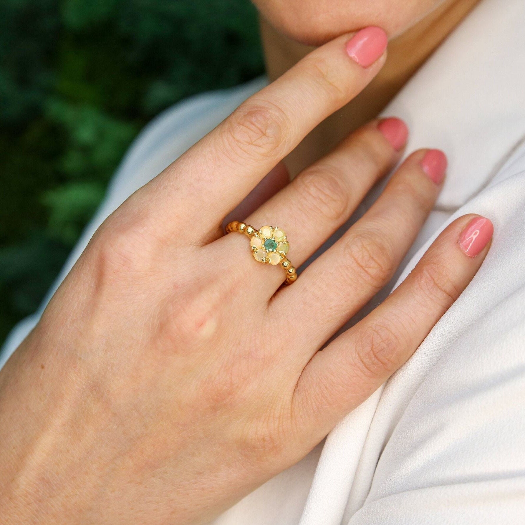 18k Gold Vermeil Opal Ring featuring a stunning White Opal, perfect for everyday wear and a unique October birthday gift.