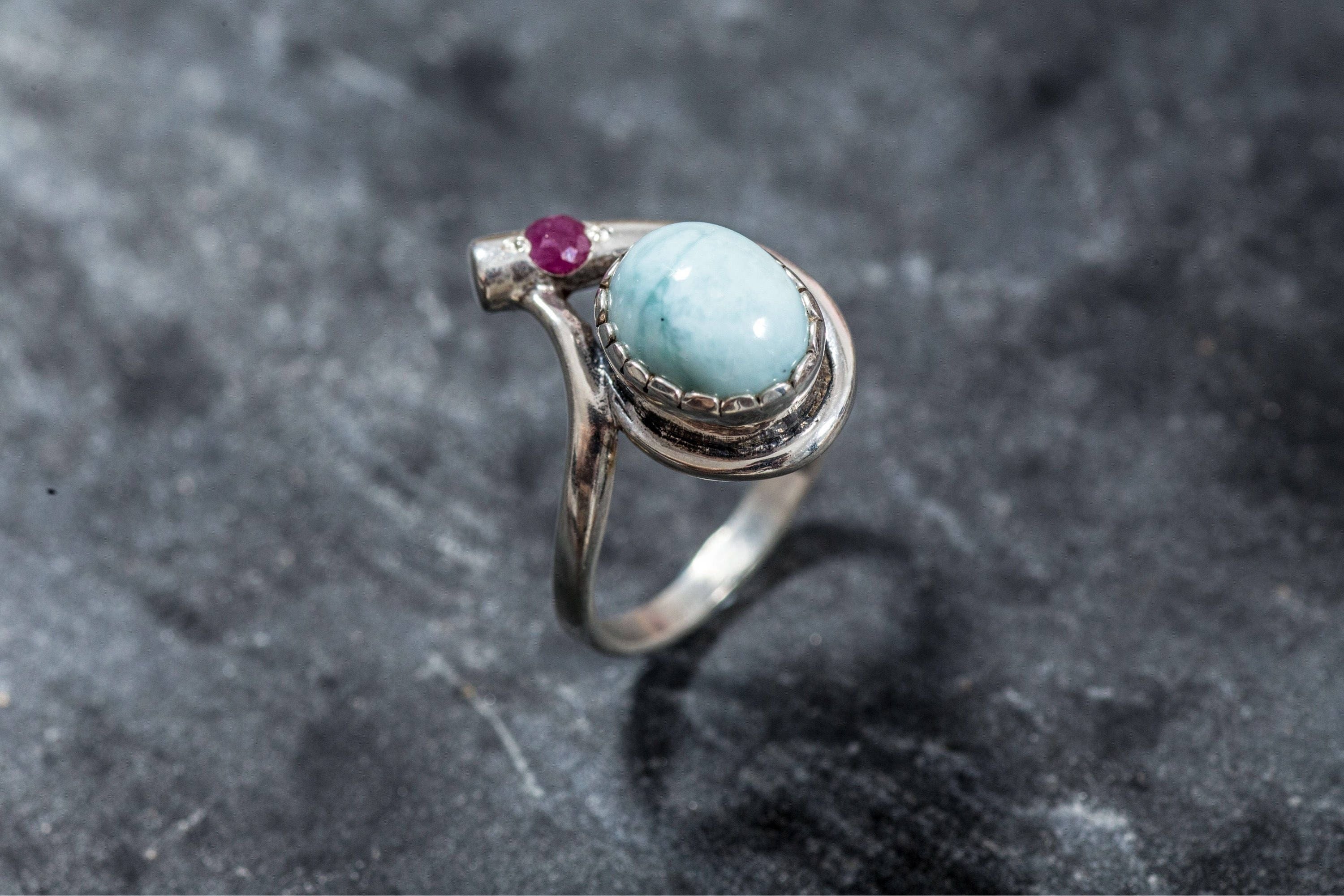 Larimar Ring, Ruby Ring, March Birthstone, Natural Larimar, Natural Ruby, Vintage Ring, July Birthstone, Jewel of Atlantis, Pure Silver Ring