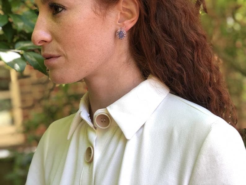 Tanzanite Earrings, Victorian Earrings, Fire Opal Earrings, December Birthstone, Blue Vintage Earrings, Blue Studs, Solid Silver Earrings