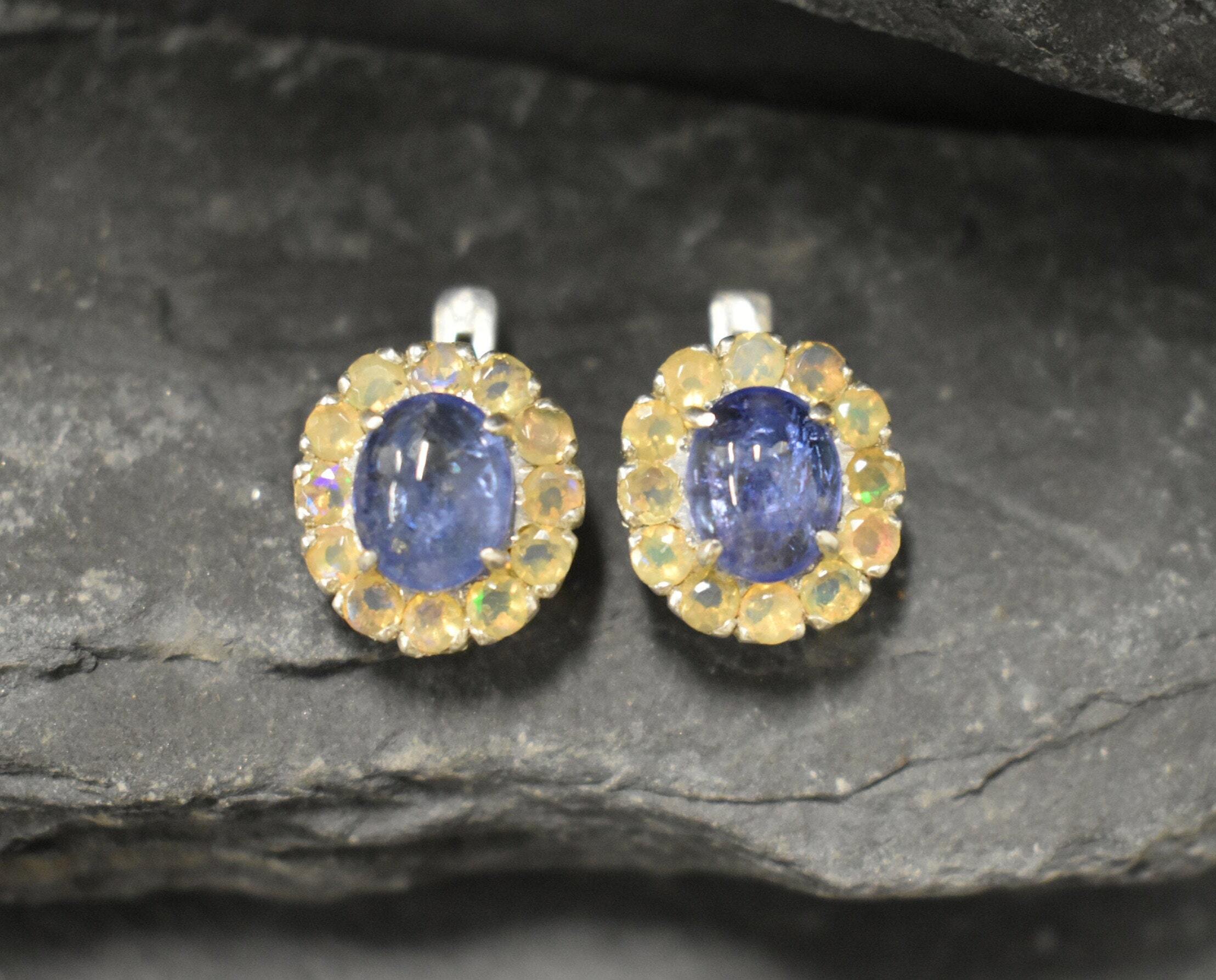 Tanzanite Earrings, Victorian Earrings, Fire Opal Earrings, December Birthstone, Blue Vintage Earrings, Blue Studs, Solid Silver Earrings