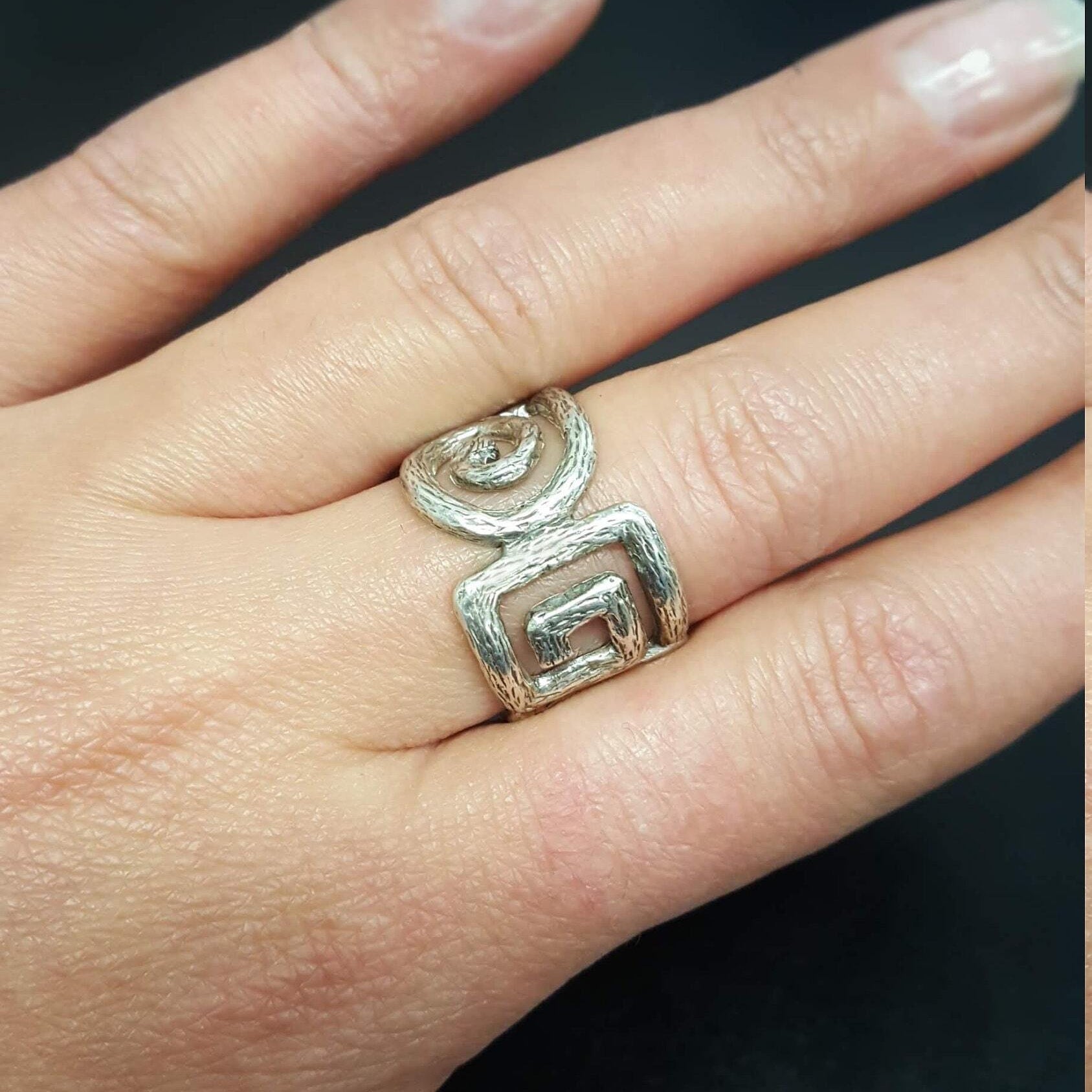 Silver Cuff Ring, Greek Style Ring, Swirl Band, Silver Swirl Ring, Solid Silver Ring, Artistic Ring, Wide Band, Long Ring, Square Spiral
