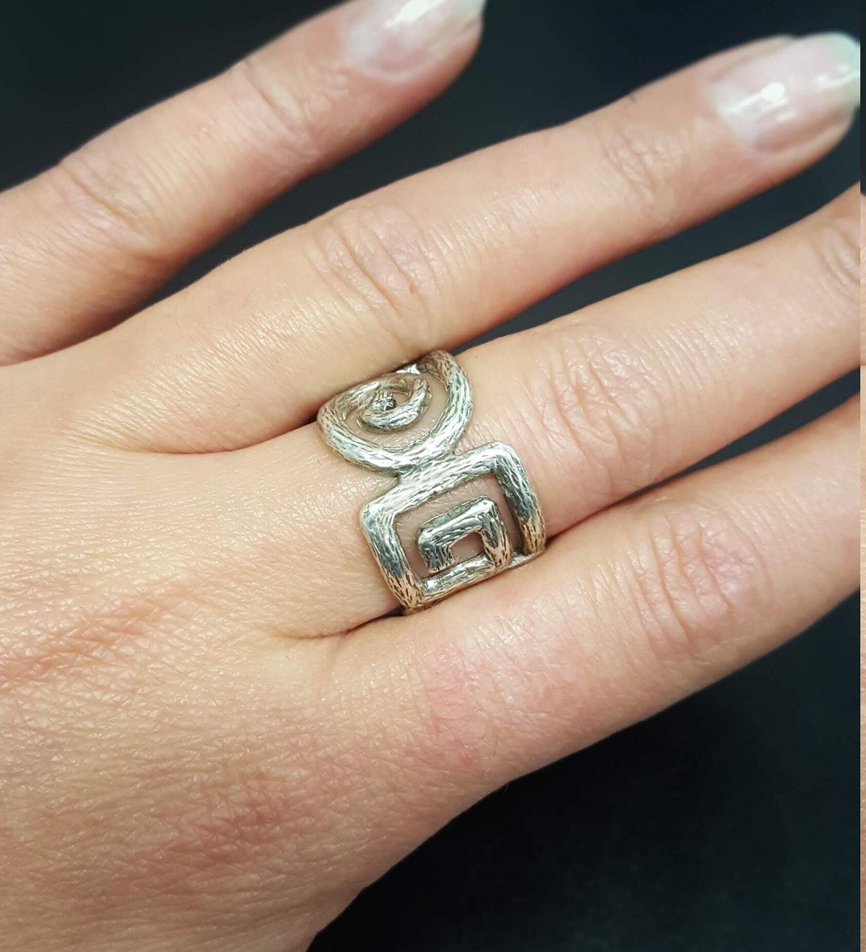 Silver Cuff Ring, Greek Style Ring, Swirl Band, Silver Swirl Ring, Solid Silver Ring, Artistic Ring, Wide Band, Long Ring, Square Spiral