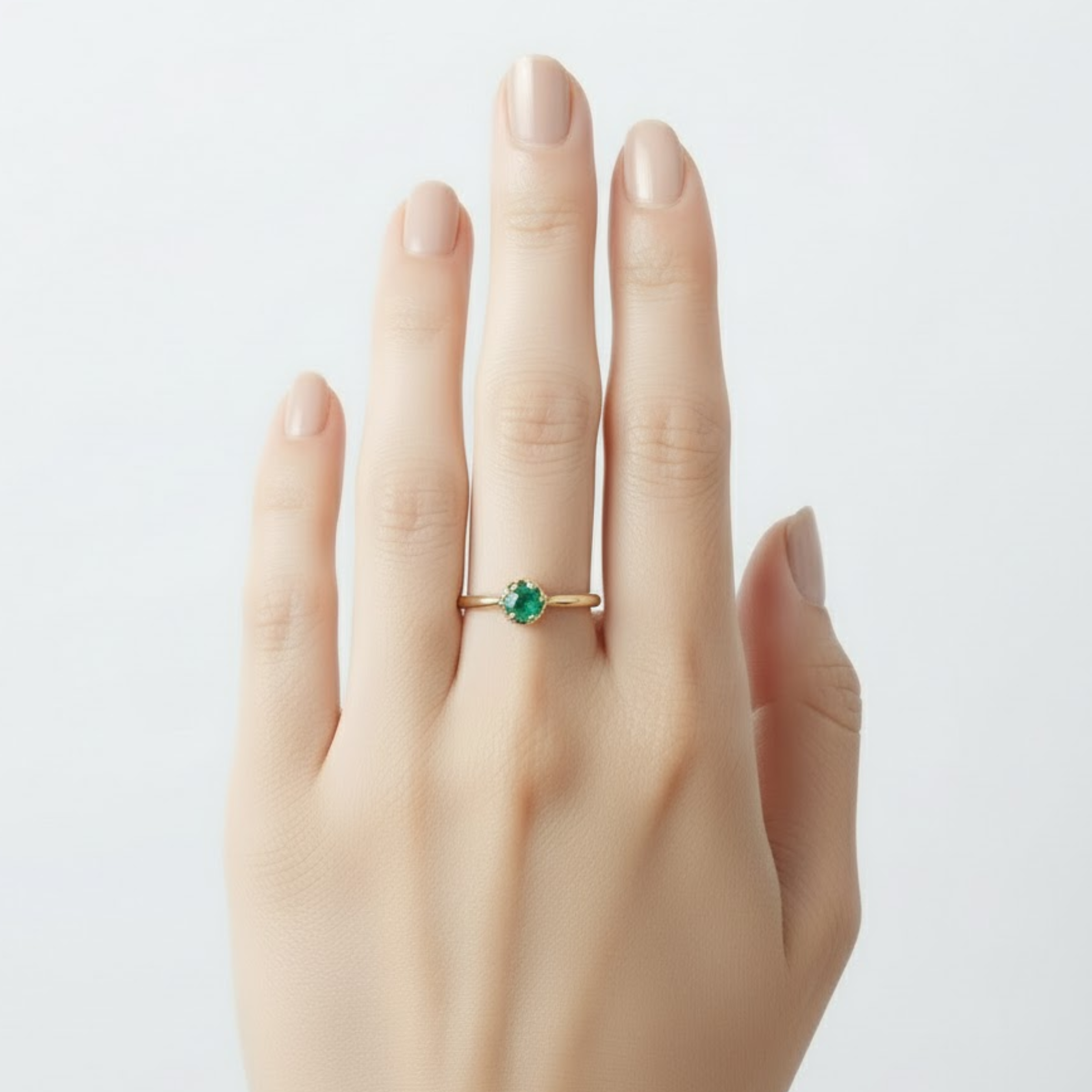 Stylish 18k Gold Vermeil Ring with a Round Created Green Emerald, a beautiful May birthstone for any special celebration.