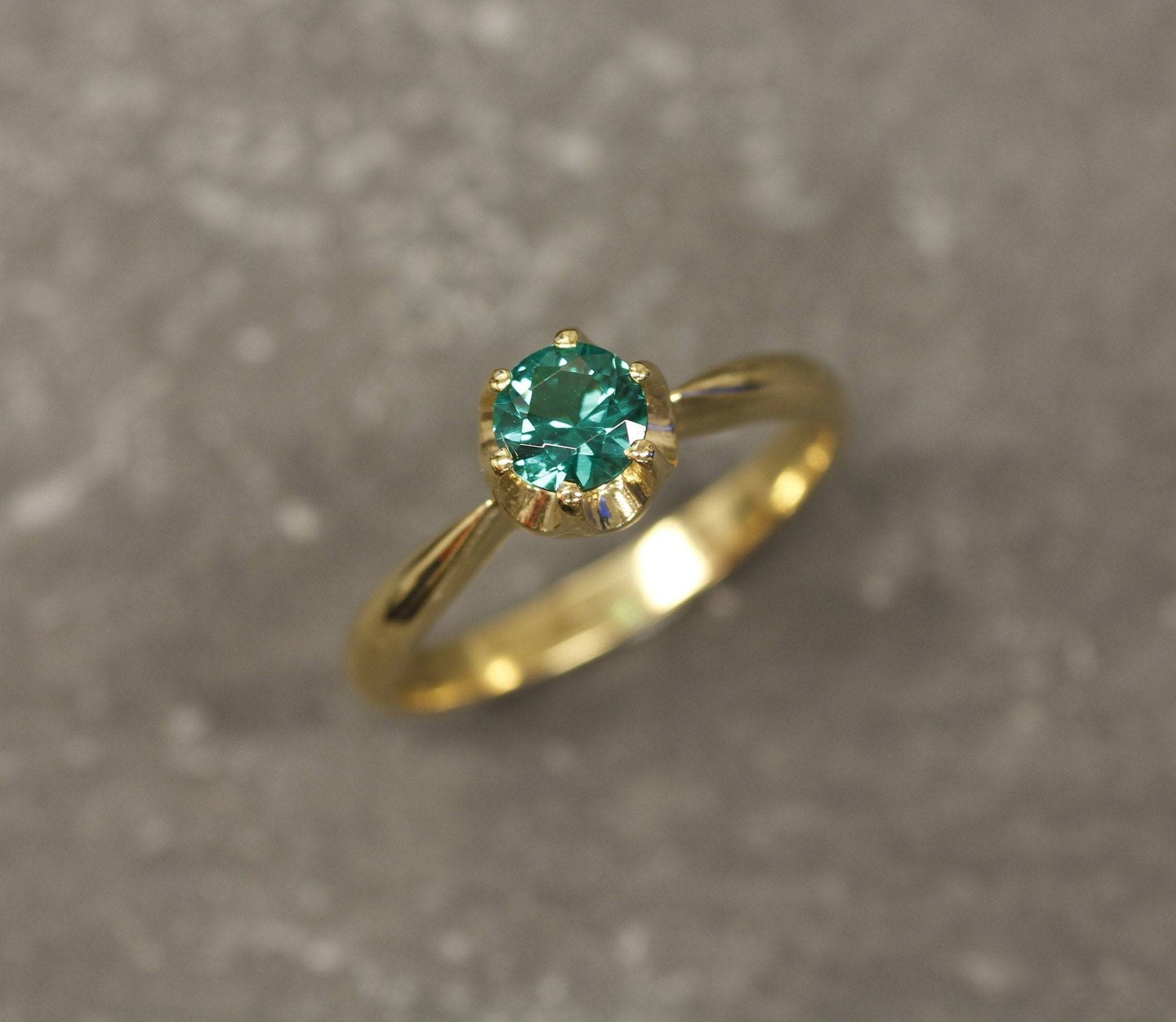 Created Emerald Ring made in 18k Gold Vermeil with Round Created Green Emerald in Solitaire setting, May Birthstone gift idea, symbolizes, ideal for everyday wear and perfect for birthday gifting and special occasions.
