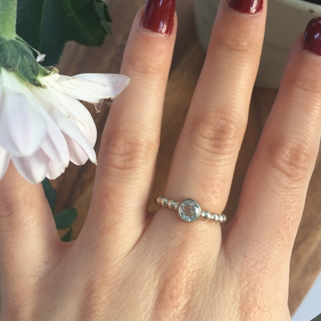 Blue Topaz Ring, Birthstone Ring, December Birthstone, Bubble Band Ring, Stackable Ring, Dainty Ring, Round Blue Ring, Solid Silver Ring