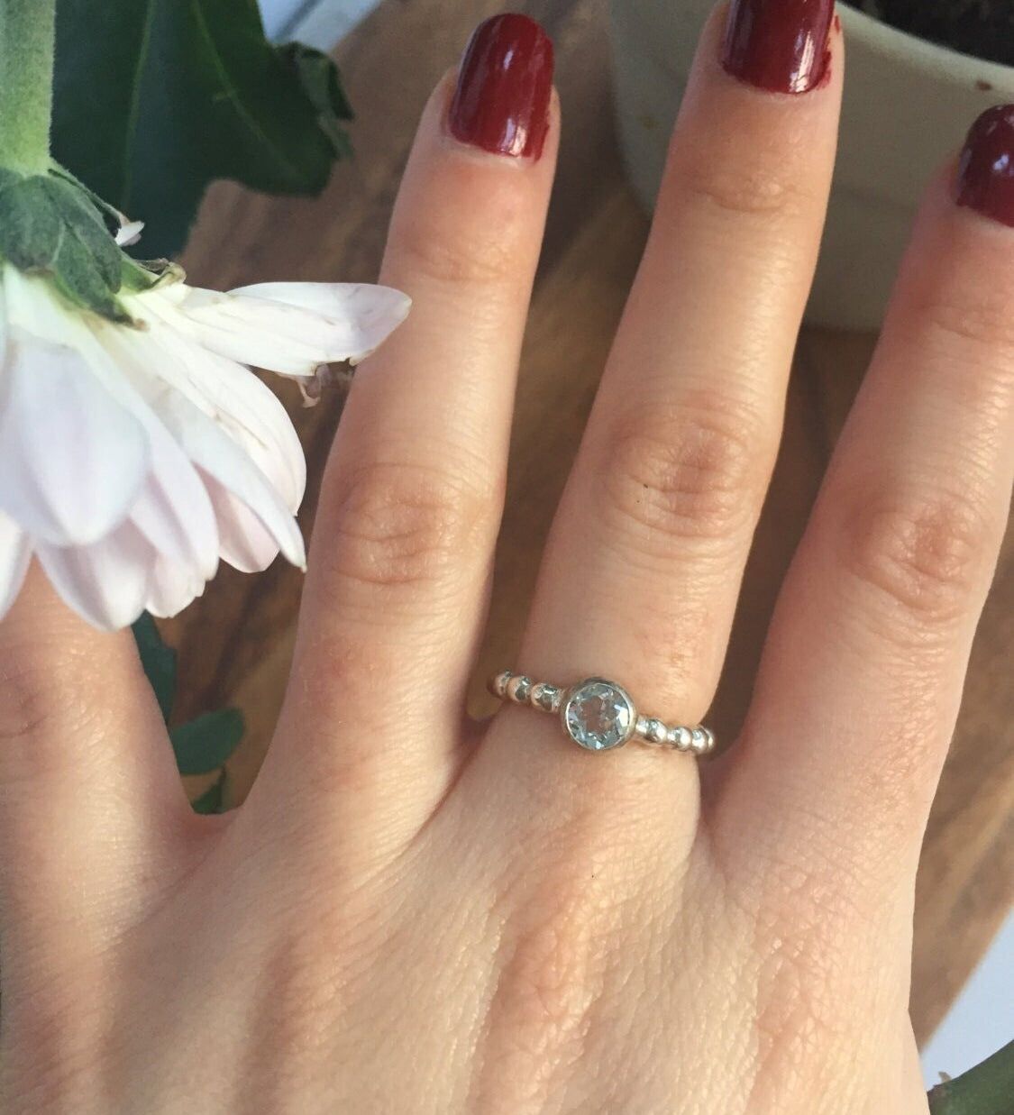 Blue Topaz Ring, Birthstone Ring, December Birthstone, Bubble Band Ring, Stackable Ring, Dainty Ring, Round Blue Ring, Solid Silver Ring