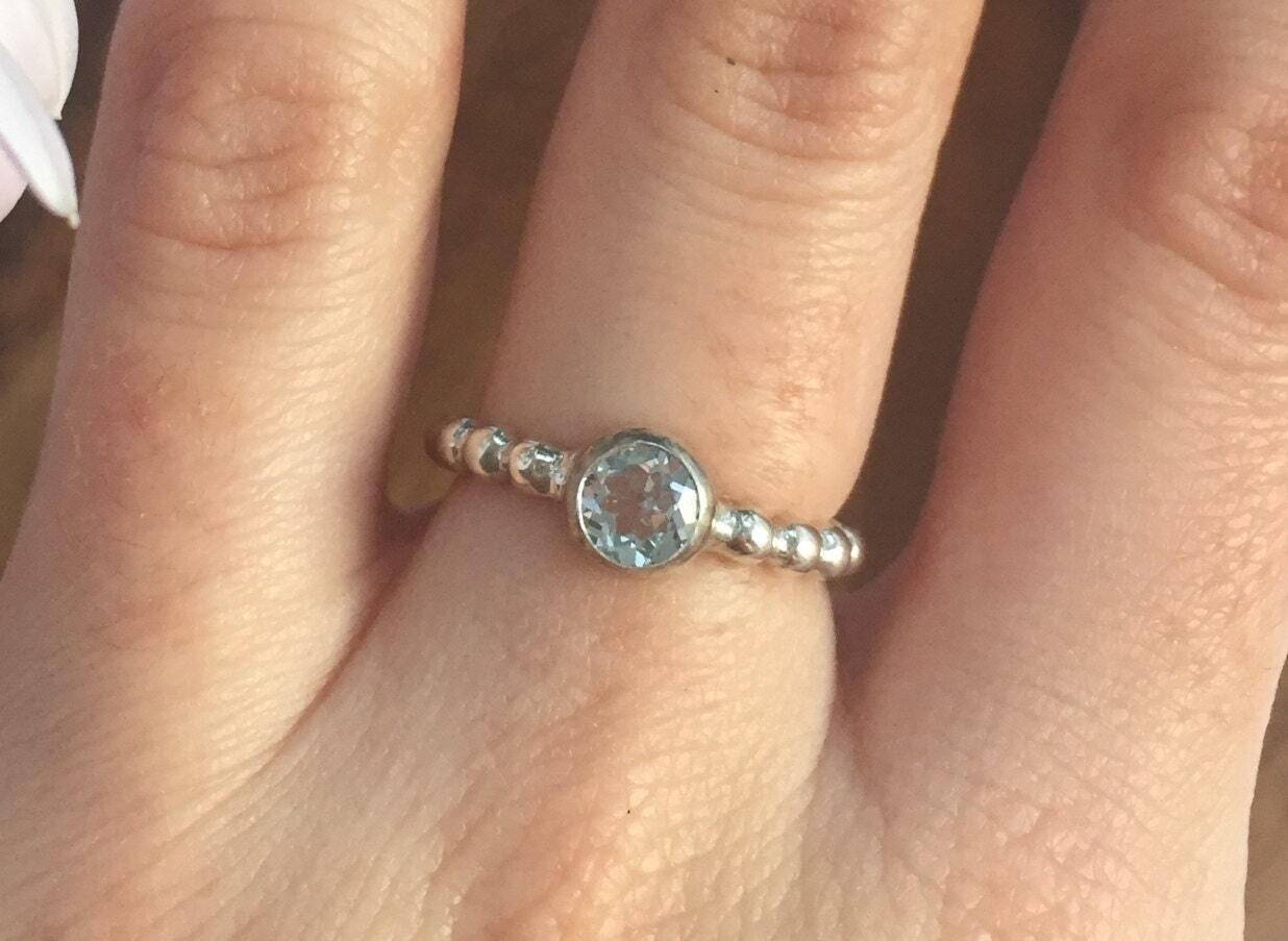 Blue Topaz Ring, Birthstone Ring, December Birthstone, Bubble Band Ring, Stackable Ring, Dainty Ring, Round Blue Ring, Solid Silver Ring