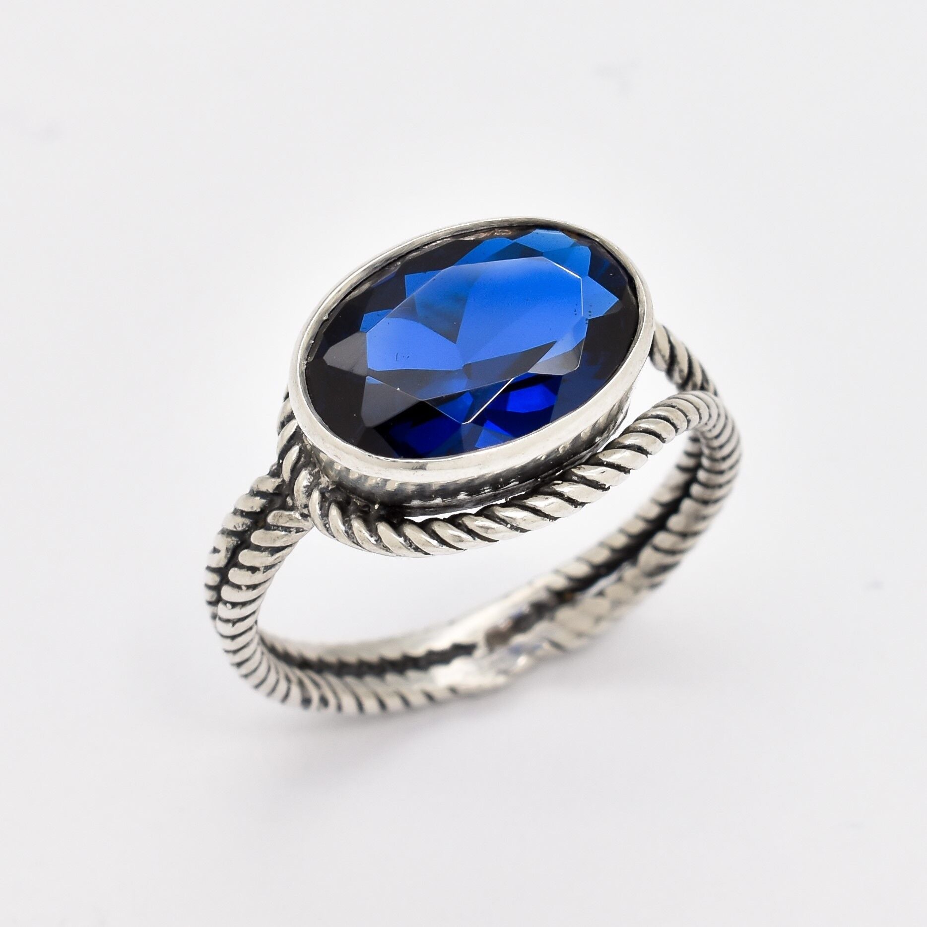 Large Sapphire Ring, Created Sapphire, Blue Eye Ring, Large Blue Ring, Blue Rope Ring, Blue Oval Ring, Statement Ring, Sterling Silver Ring