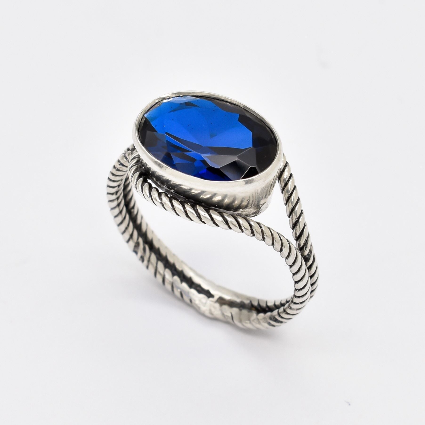 Large Sapphire Ring, Created Sapphire, Blue Eye Ring, Large Blue Ring, Blue Rope Ring, Blue Oval Ring, Statement Ring, Sterling Silver Ring