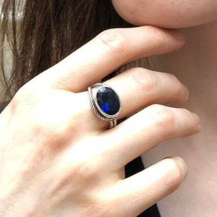 Large Sapphire Ring, Created Sapphire, Blue Eye Ring, Large Blue Ring, Blue Rope Ring, Blue Oval Ring, Statement Ring, Sterling Silver Ring