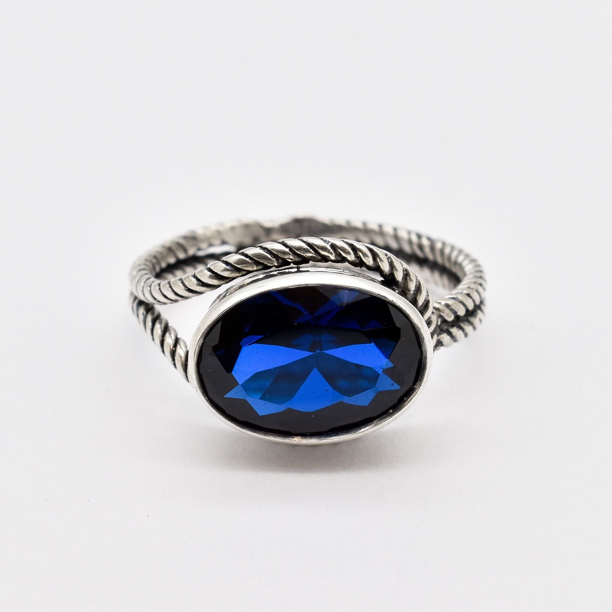 Large Sapphire Ring, Created Sapphire, Blue Eye Ring, Large Blue Ring, Blue Rope Ring, Blue Oval Ring, Statement Ring, Sterling Silver Ring