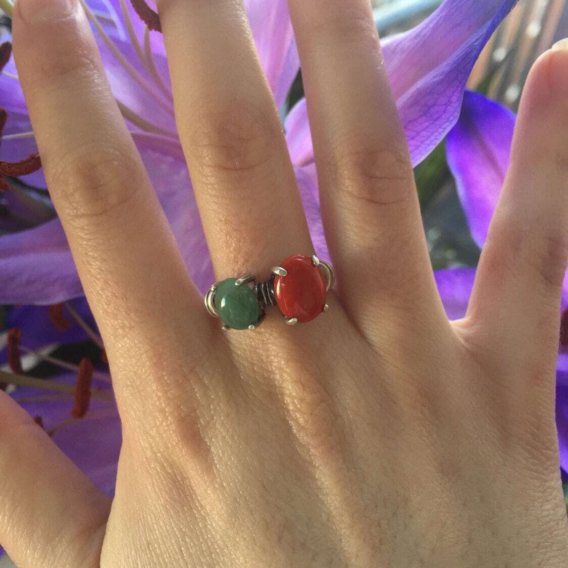 Red Coral Ring, Emerald Ring, Two Stone Ring, Natural Emerald, Vintage Ring, May Birthstone, Bohemian Ring, 925 Silver Ring, Natural Coral